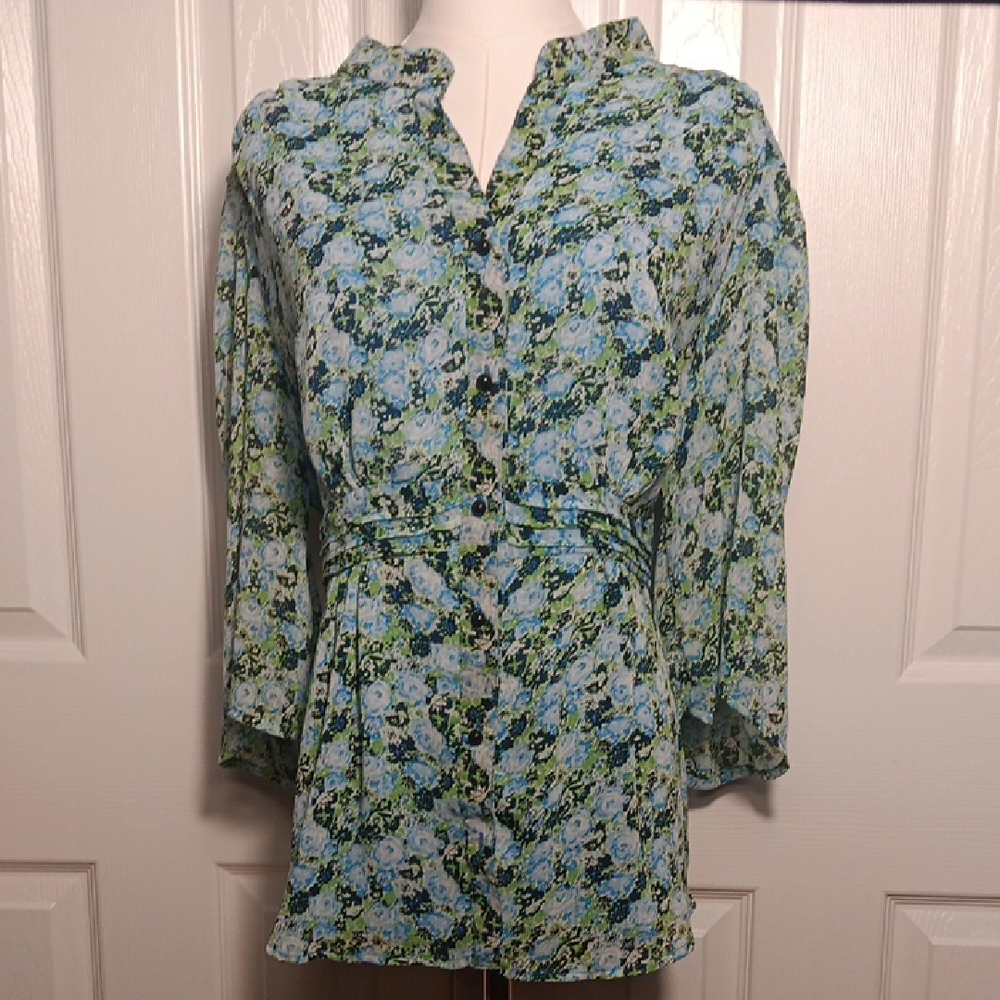 Dressbarn Blue and Green Floral Blouse With Tie Back
